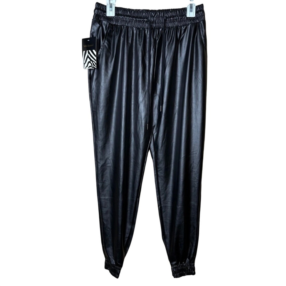 Soho Apparel Womens Large Faux Leather Joggers Black Drawstring Pants NEW